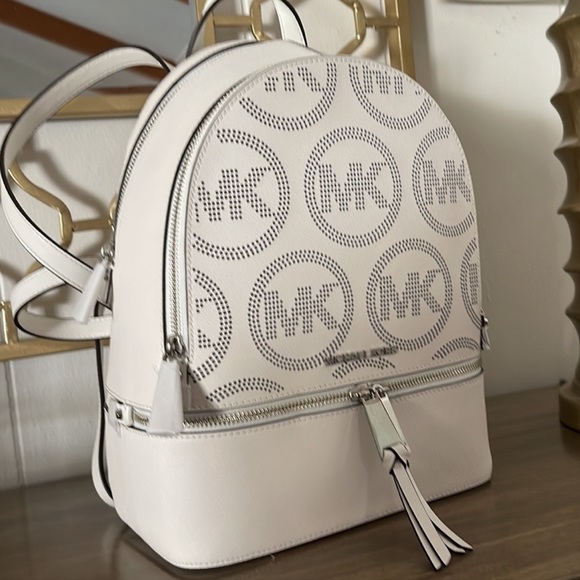 Michael Kors Rhea White/Silver Medium Leather Backpack - Picture 10 of 14